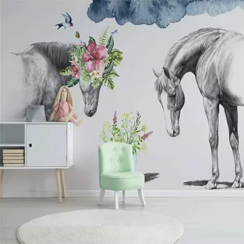 Скандинавска креативна черно-бялата двойка конски тапети, стенни професионална рисувани стенни фотообои могат да бъдат конфигурирани по поръчка