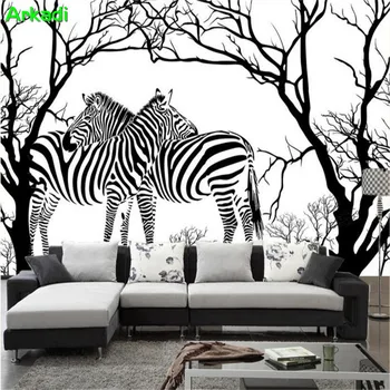 Потребителски фотообои съвременно изкуство черно-бяло изображение на абстрактното дърво зебра е модерен минималистичен диван за хола фон