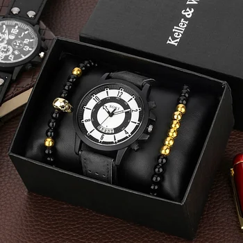 Часовник Гривна за Мъже Луксозни Модерни Черни Кожени Кварцов Ръчен Часовник с wsop гривна от Мъниста Комплект за Подарък за Приятеля Reloj Hombre