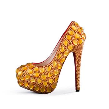 Златни сватбени обувки с кристали, дамски обувки за сватба, ръчно изработени с кръгло бомбе, вечерни обувки с ток 8 см/11 см/14 см, големи размери