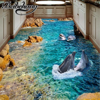 beibehang Модерна стикер 3D подови рисувани HD каменен бряг делфин нескользящая водоустойчив удебелена самозалепващи PVC подови живопис